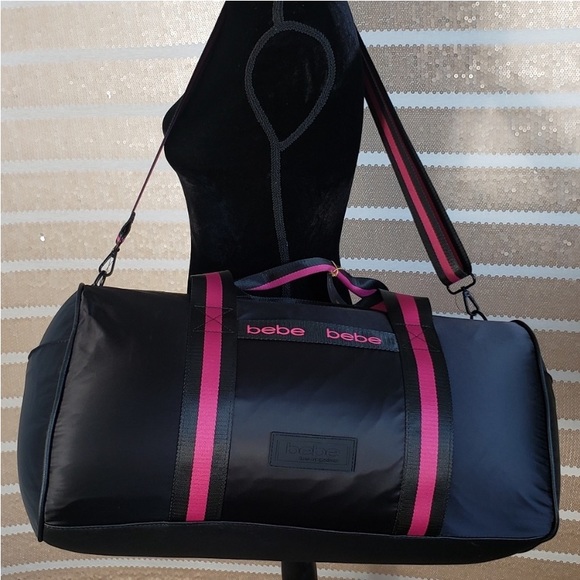 BEBE Sport Hot Pink & Black Satin Large Duffle Weekender Gym Bag Shoulder Strap - Picture 3 of 7